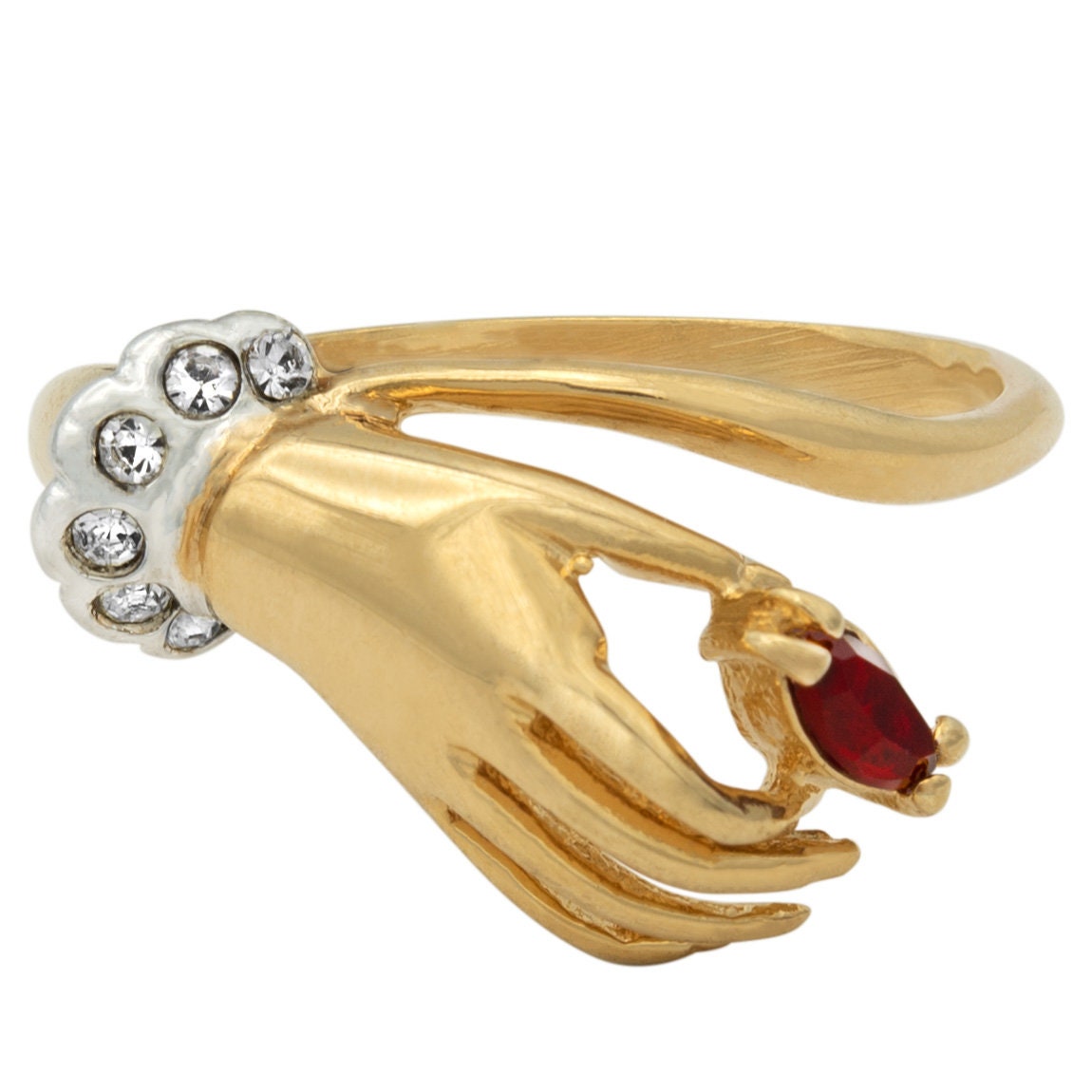 Vintage 1980s Victorian Hand Ring with Ruby and Clear Austrian Crystals – 18k Gold Electroplated jewelry image 1