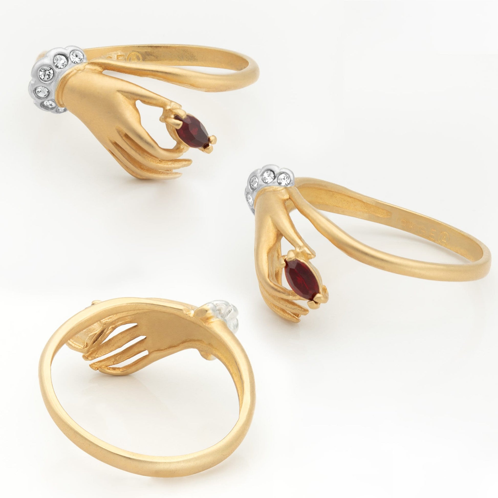 Vintage 1980s Victorian Hand Ring with Ruby and Clear Austrian Crystals – 18k Gold Electroplated Matte Finish jewelry image 1