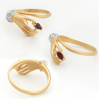 Vintage 1980s Victorian Hand Ring with Ruby and Clear Austrian Crystals – 18k Gold Electroplated Matte Finish jewelry image 1
