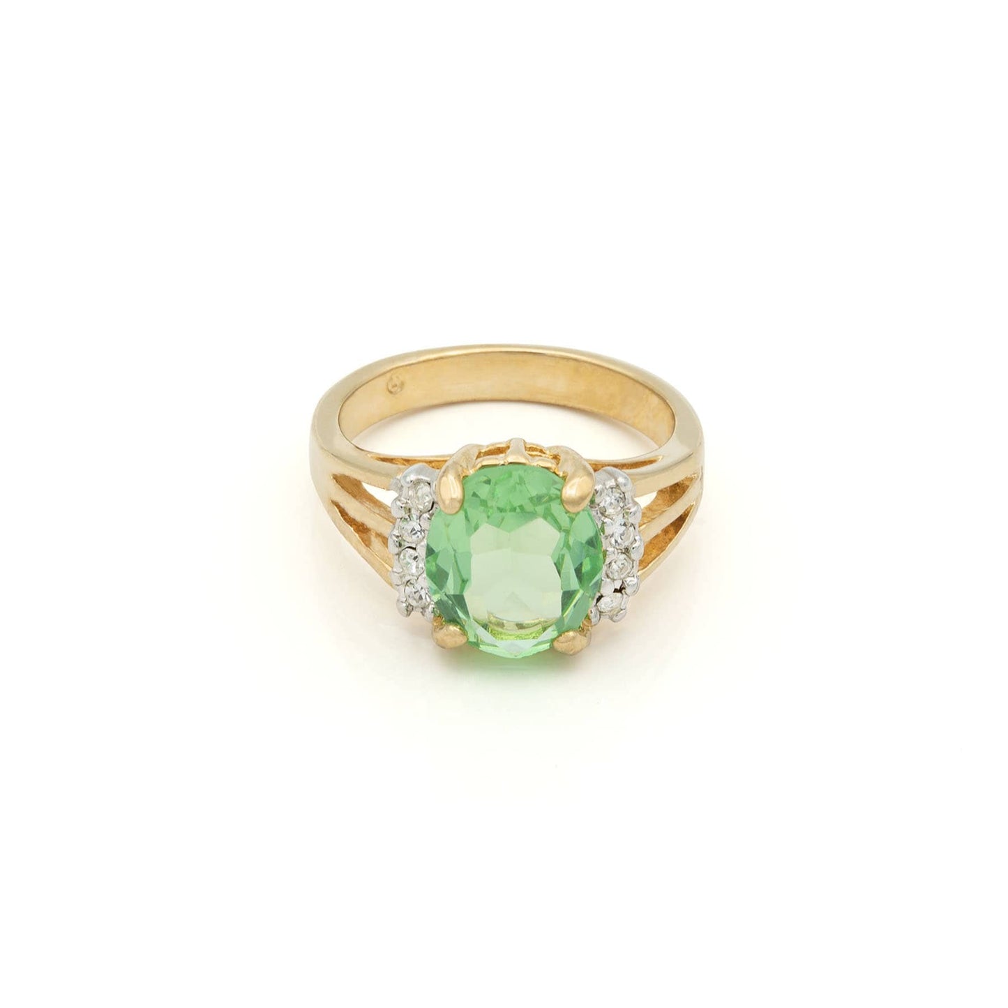 Vintage 1980s Peridot Green Oval Cubic Zirconia Ring with Clear Austrian Crystals – 18k Gold Electroplated jewelry image 1