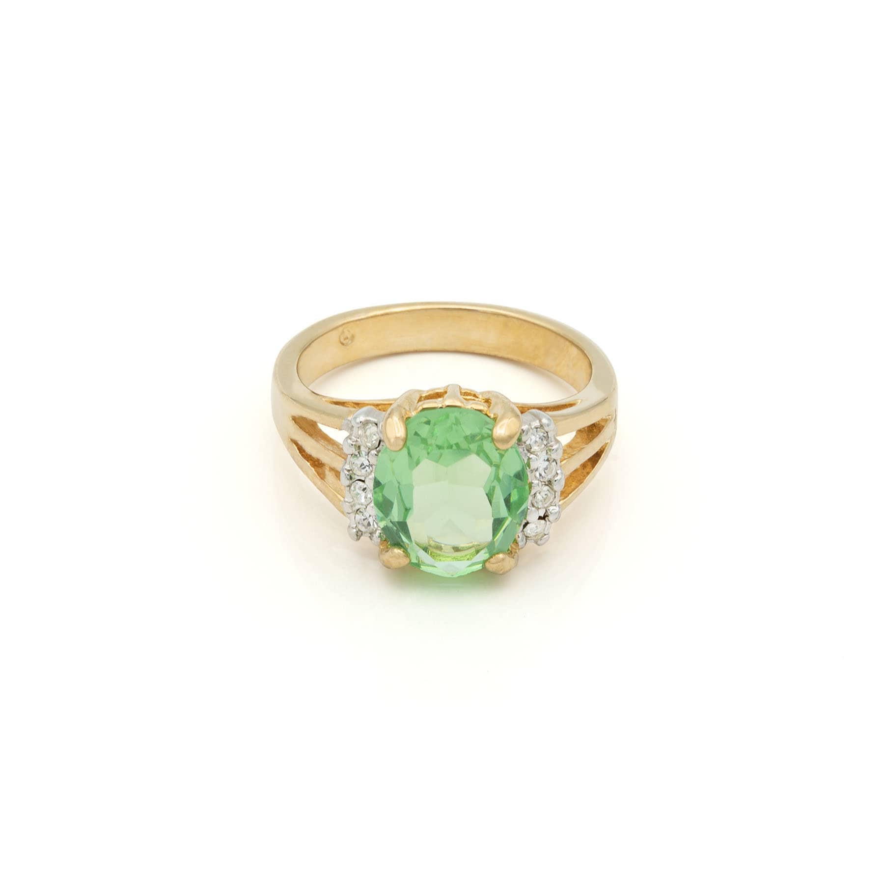 Vintage 1980s Peridot Green Oval Cubic Zirconia Ring with Clear Austrian Crystals – 18k Gold Electroplated jewelry image 1