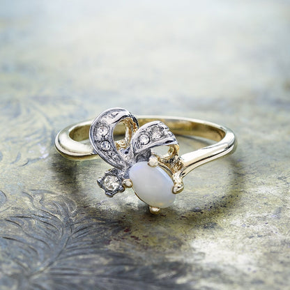Vintage Genuine Opal and Clear Austrian Crystal Ring - 18k Yellow Gold Electroplated - Made in USA jewelry image 1