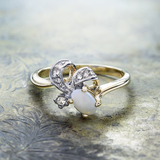 Vintage Genuine Opal and Clear Austrian Crystal Ring - 18k Yellow Gold Electroplated - Made in USA jewelry image 1