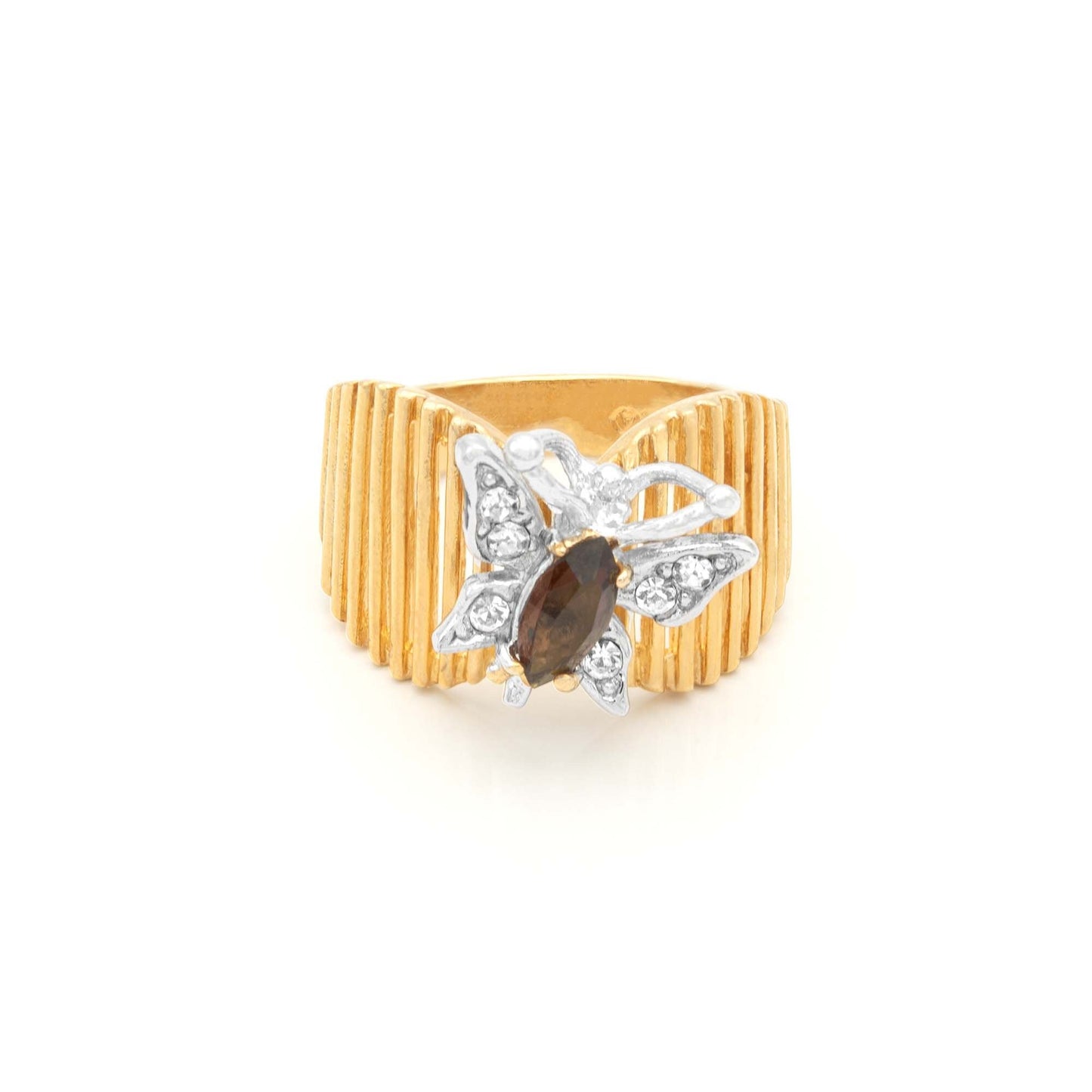 Vintage 1980s Butterfly Ring with Tiger's Eye and Clear Austrian Crystals - 18k Gold Electroplated jewelry image 1