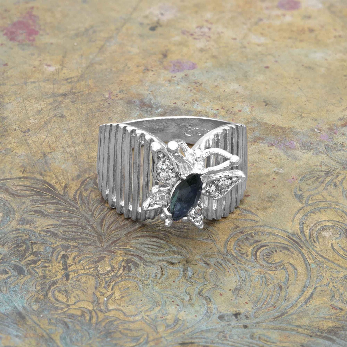 Vintage 1980s Sophia Sapphire Butterfly Ring - 18k White Gold Electroplated with Austrian Crystals jewelry image 1