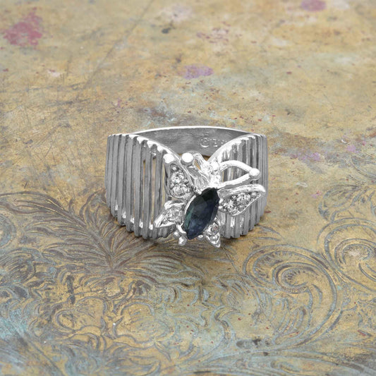 Vintage 1980s Sophia Sapphire Butterfly Ring - 18k White Gold Electroplated with Austrian Crystals jewelry image 1