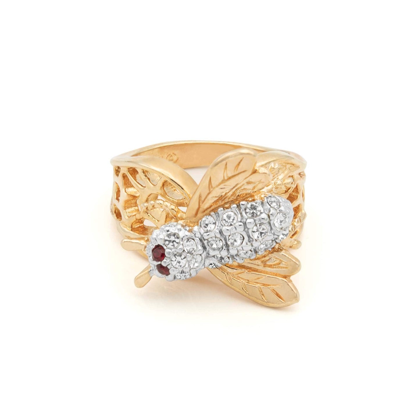 Vintage 1980s Bee Ring with Ruby Crystal Eyes and Clear Austrian Crystals – 18k Yellow Gold Electroplated jewelry image 1