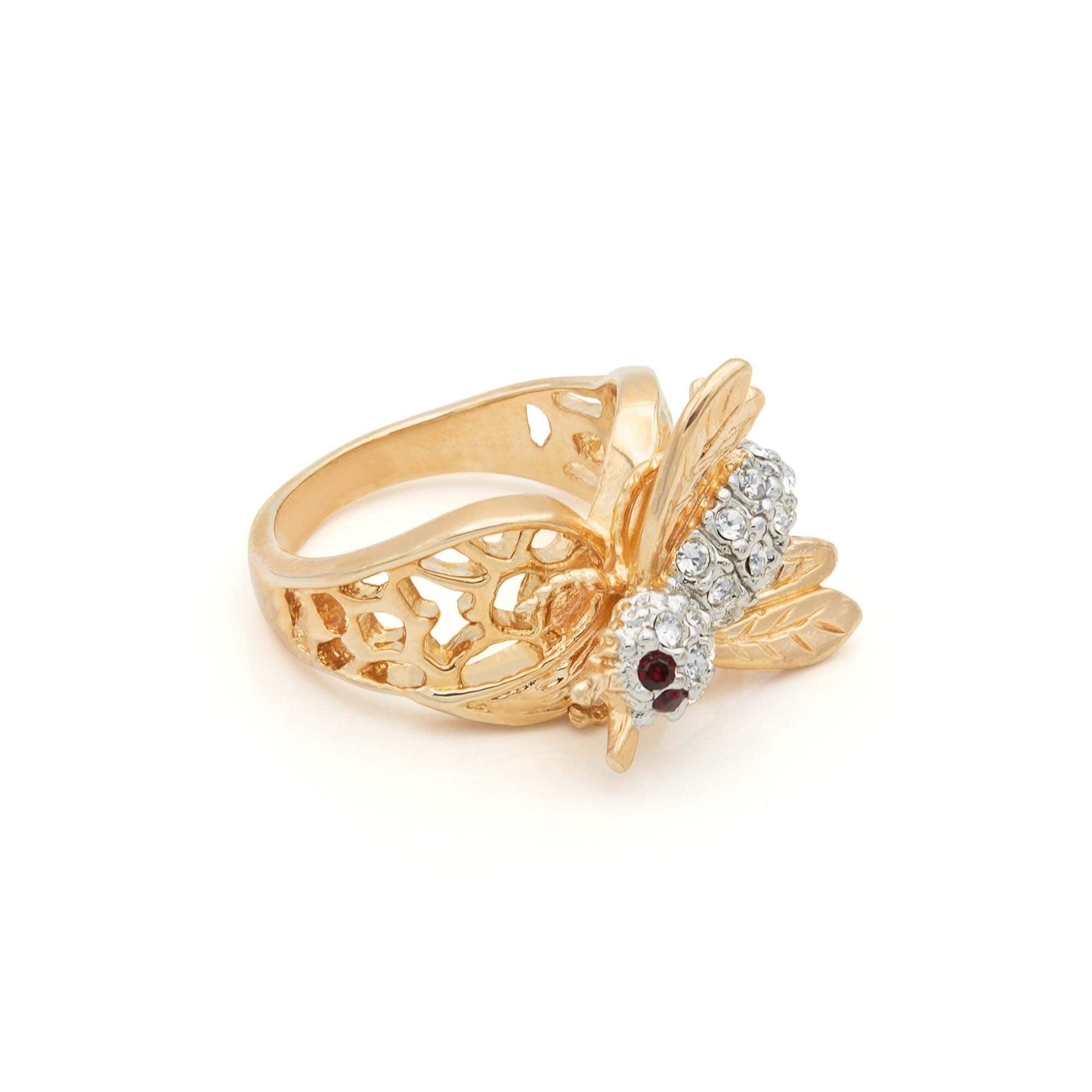 Vintage 1980s Bee Ring with Ruby Crystal Eyes and Clear Austrian Crystals – 18k Yellow Gold Electroplated jewelry image 1