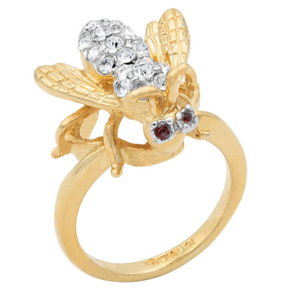 Vintage 1980s Bee Ring with Ruby Crystal Eyes and Clear Austrian Crystals – 18k Yellow Gold Electroplated jewelry image 1