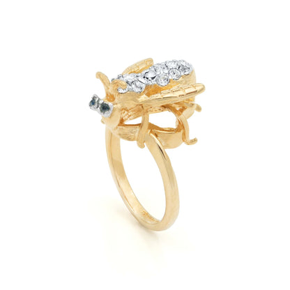 Vintage 1980s Bee Ring with Sapphire Crystal Eyes and Clear Austrian Crystals – 18k Yellow Gold Electroplated jewelry image 1