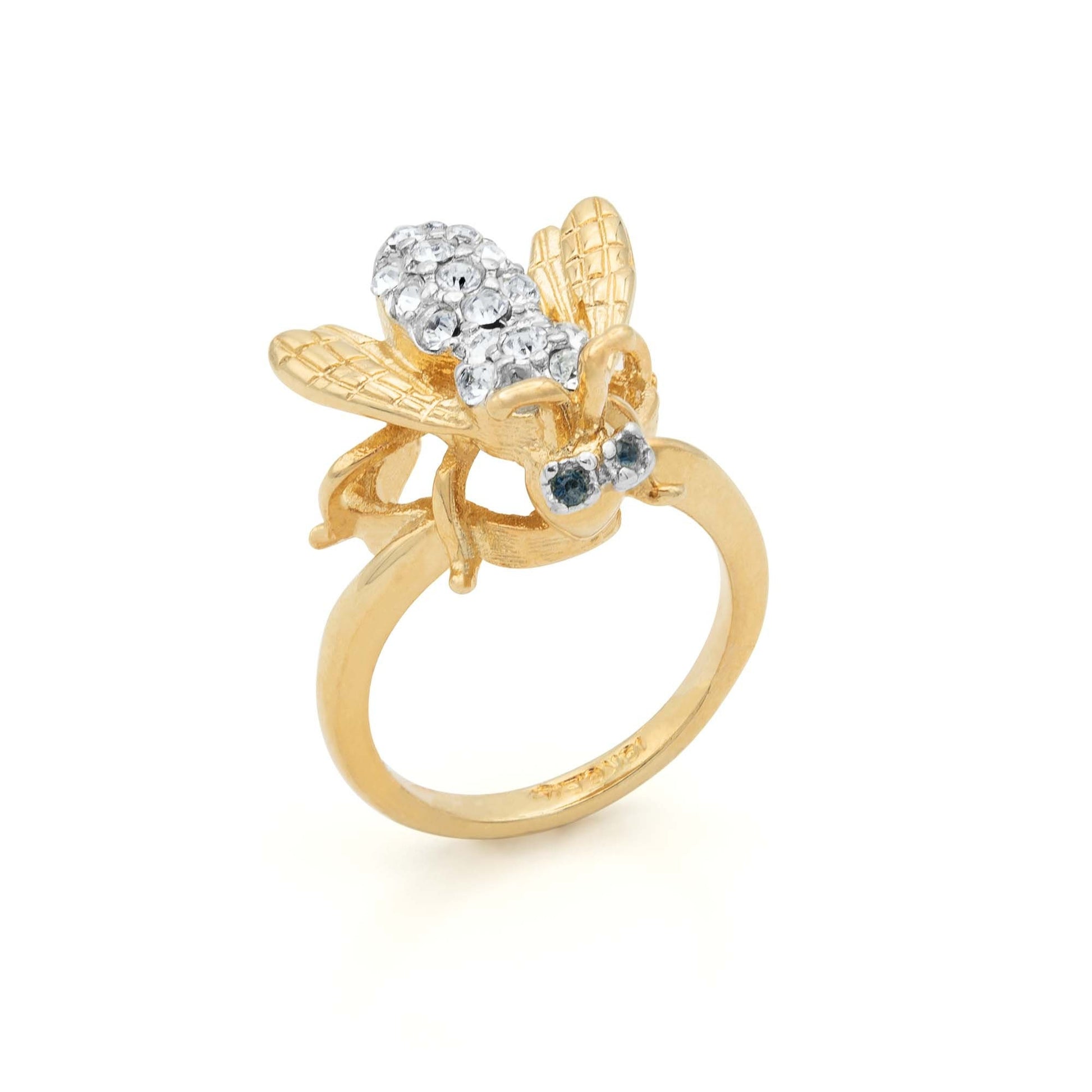 Vintage 1980s Bee Ring with Sapphire Crystal Eyes and Clear Austrian Crystals – 18k Yellow Gold Electroplated jewelry image 1