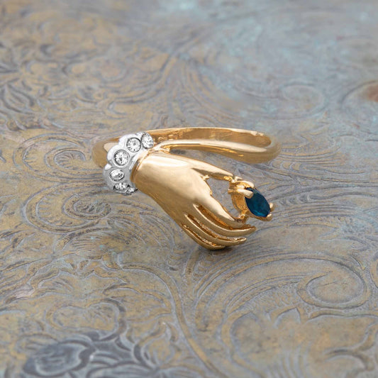 Harper Victorian Hand Ring with Sapphire Crystal and Austrian Crystals - 18k Gold Electroplated jewelry image 1