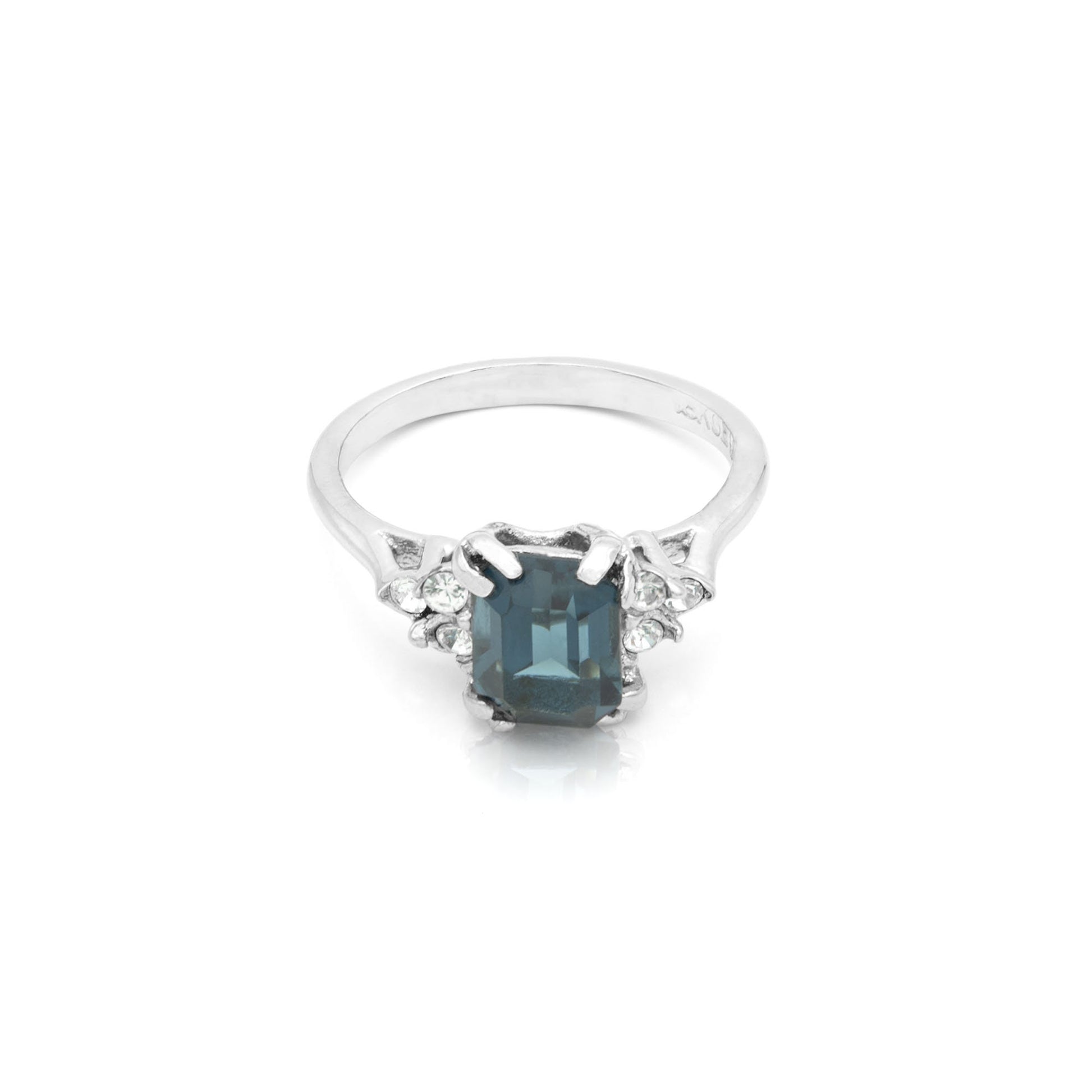 Addison Vintage 1980s Emerald Cut Sapphire & Austrian Crystal Ring - 18k White Gold Electroplated jewelry image 1
