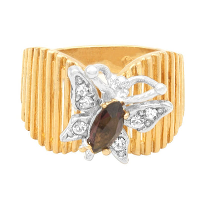 Vintage 1980s Butterfly Ring with Tiger's Eye and Clear Austrian Crystals - 18k Gold Electroplated jewelry image 1