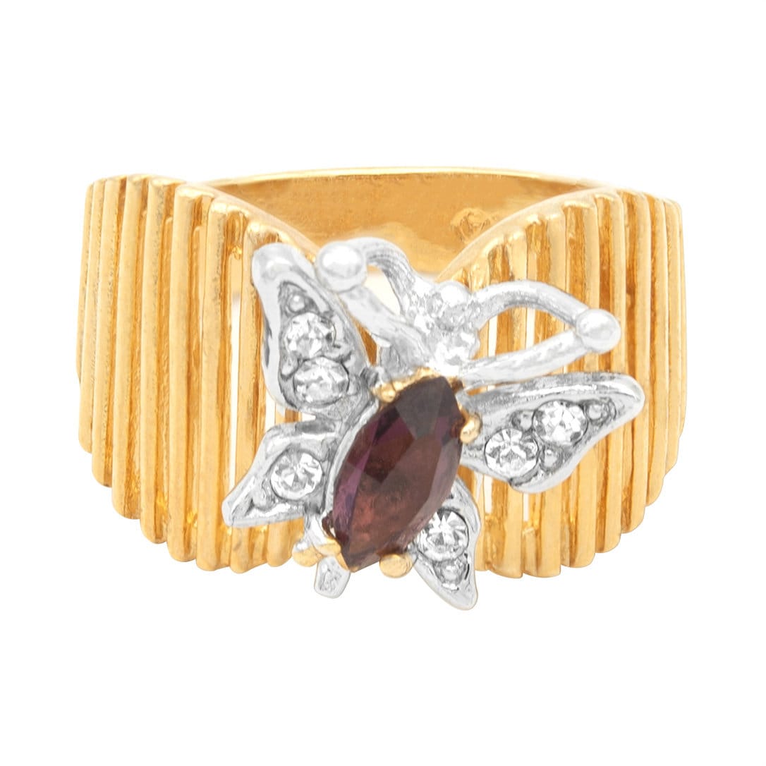 Vintage 1980s Amethyst Butterfly Ring - 18k Gold Electroplated with Austrian Crystals jewelry image 1