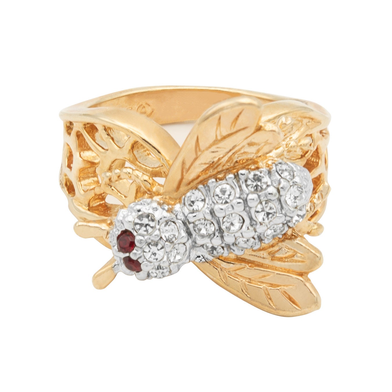 Vintage 1980s Bee Ring with Ruby Crystal Eyes and Clear Austrian Crystals – 18k Yellow Gold Electroplated jewelry image 1
