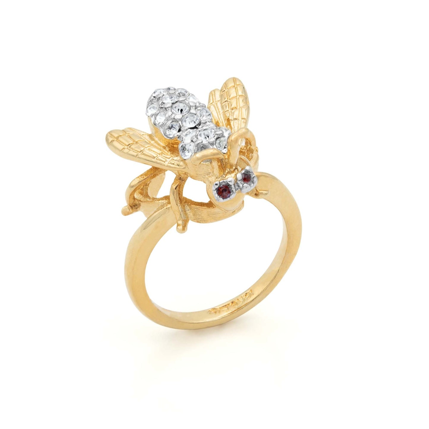Vintage 1980s Bee Ring with Ruby Crystal Eyes and Clear Austrian Crystals – 18k Yellow Gold Electroplated jewelry image 1