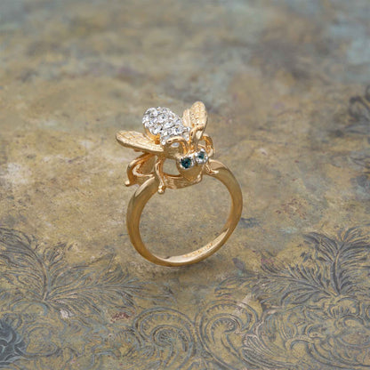 Vintage 1980s Bee Ring with Sapphire Crystal Eyes and Clear Austrian Crystals – 18k Yellow Gold Electroplated jewelry image 1