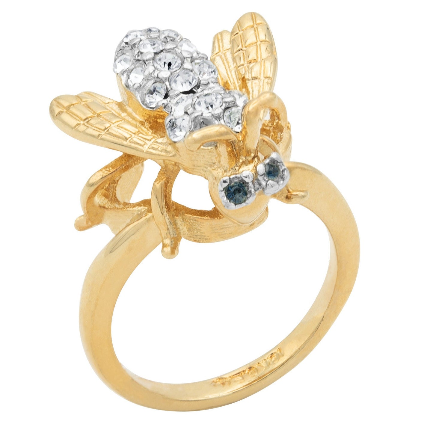 Vintage 1980s Bee Ring with Sapphire Crystal Eyes and Clear Austrian Crystals – 18k Yellow Gold Electroplated jewelry image 1