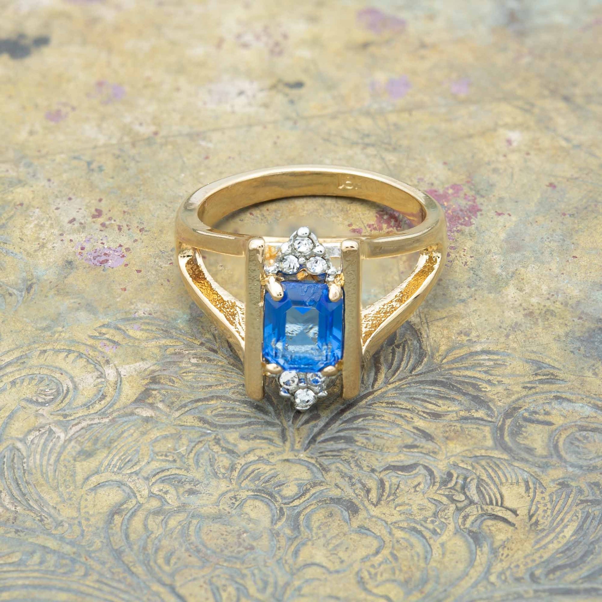 Amelia Vintage 1980s Sapphire and Austrian Crystal Ring - 18k Gold Electroplated jewelry image 1