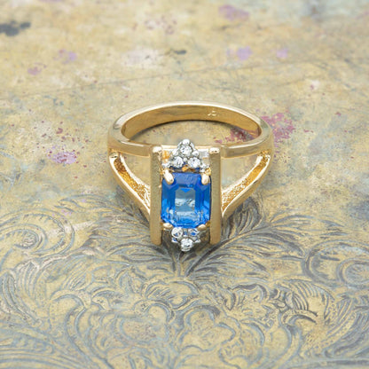 Amelia Vintage 1980s Sapphire and Austrian Crystal Ring - 18k Gold Electroplated jewelry image 1