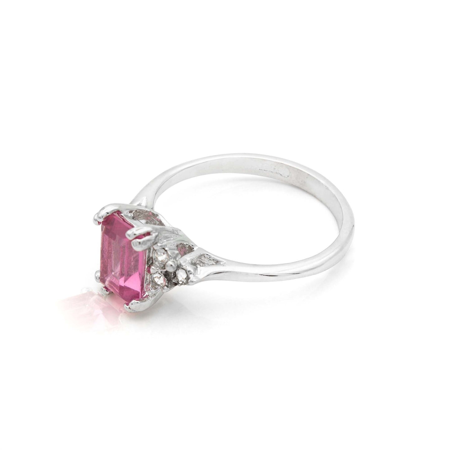 Vintage 1980s Pink Emerald Cut Austrian Crystal Ring with Clear Crystal Accents – 18k Gold Electroplated Two Tone jewelry image 1
