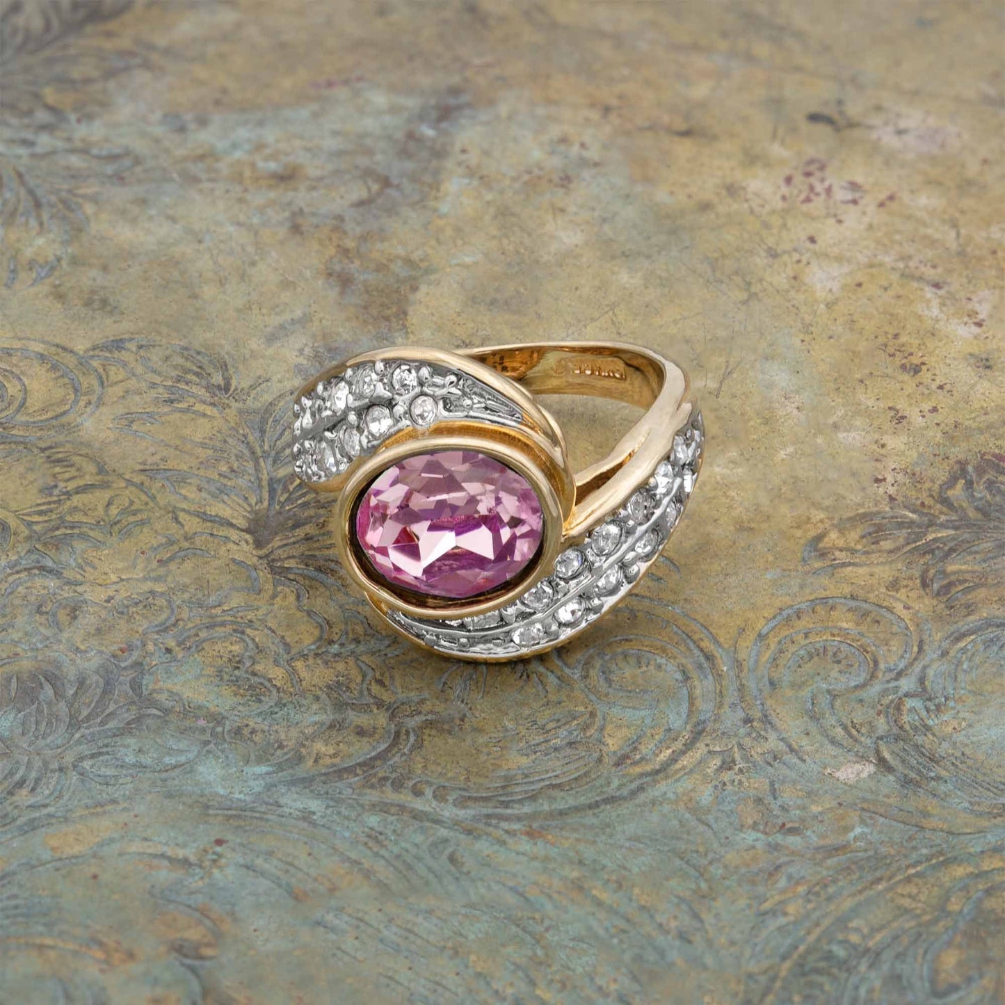 Rosalie Vintage 1980s Pink Tourmaline Crystal Ring – 18k Gold Electroplated with Austrian Crystals jewelry image 1