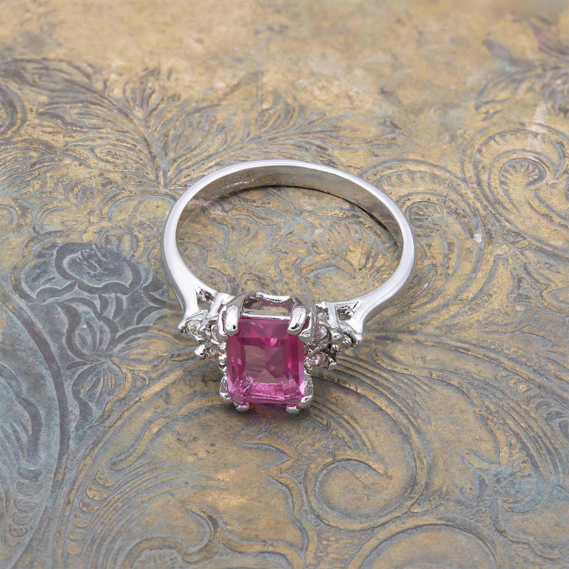 Vintage 1980s Pink Emerald Cut Austrian Crystal Ring with Clear Crystal Accents – 18k Gold Electroplated Two Tone jewelry image 1