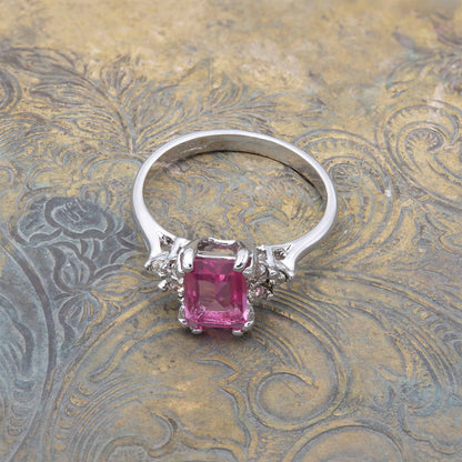 Vintage 1980s Pink Emerald Cut Austrian Crystal Ring with Clear Crystal Accents – 18k Gold Electroplated Two Tone jewelry image 1