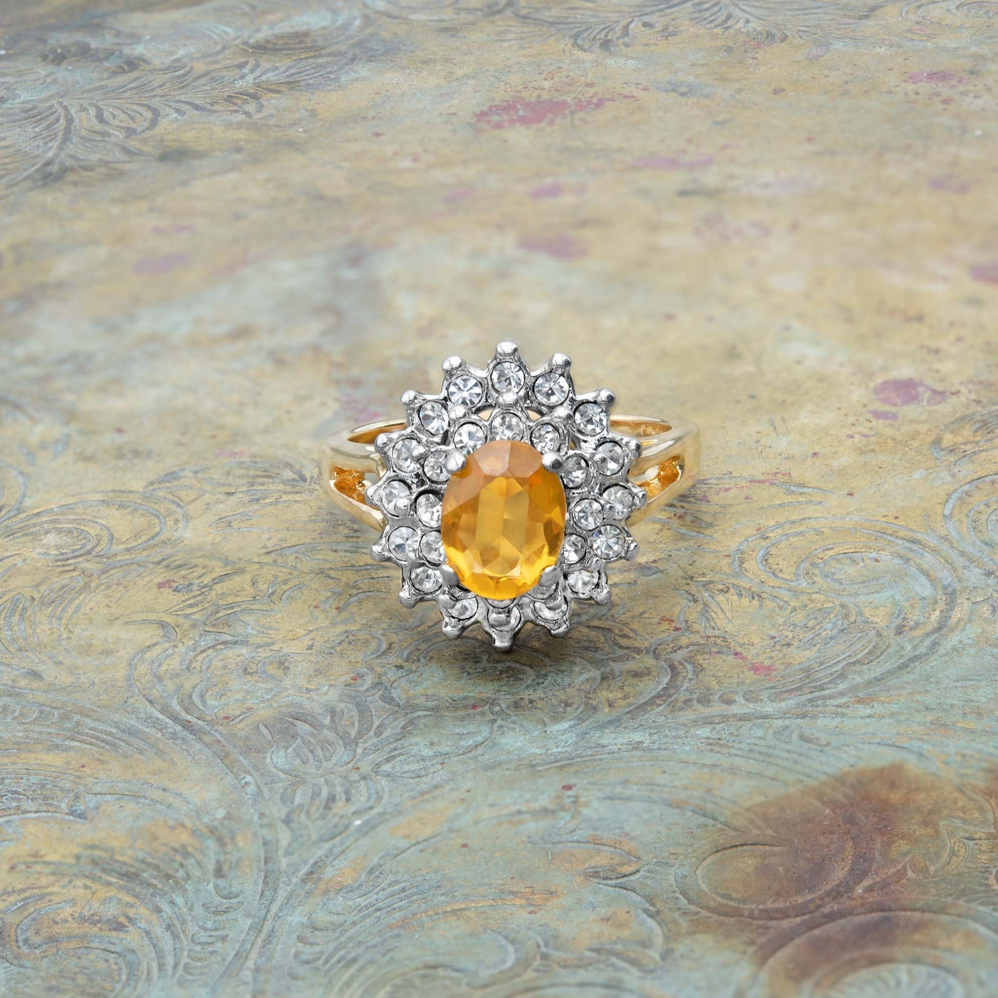 Vintage Light Topaz and Clear Austrian Crystal 18k Gold Electroplated Cocktail Ring jewelry image 1