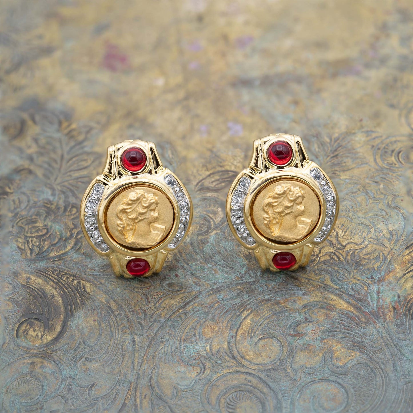 Vintage 18kt Gold Plated Coin Cameo Clip Earrings with Ruby and Clear Crystals jewelry image 1