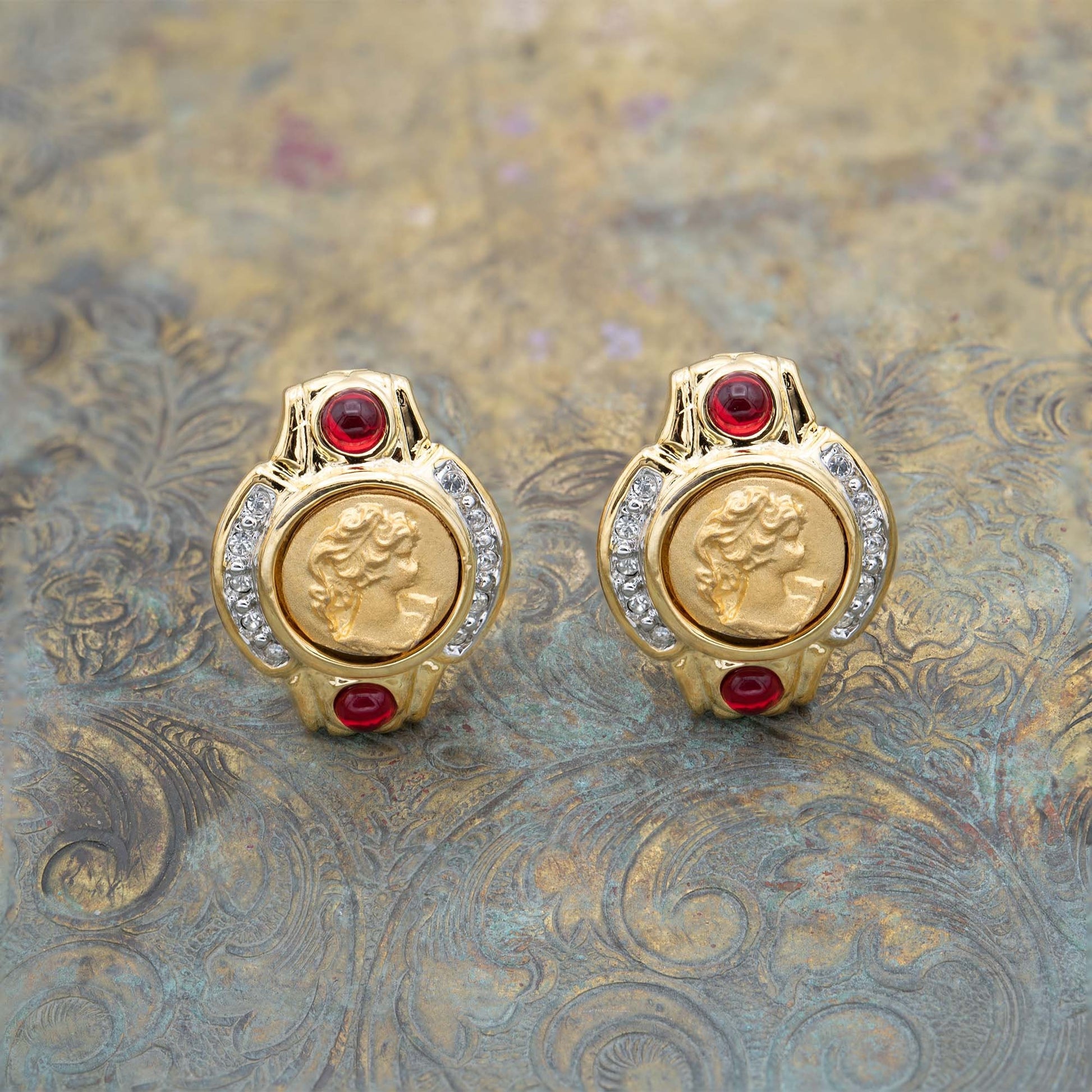 Vintage 18kt Gold Plated Coin Cameo Clip Earrings with Ruby and Clear Crystals jewelry image 1