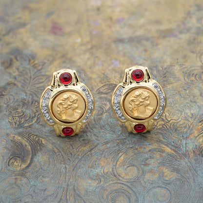Vintage 18kt Gold Plated Coin Cameo Clip Earrings with Ruby and Clear Crystals jewelry image 1