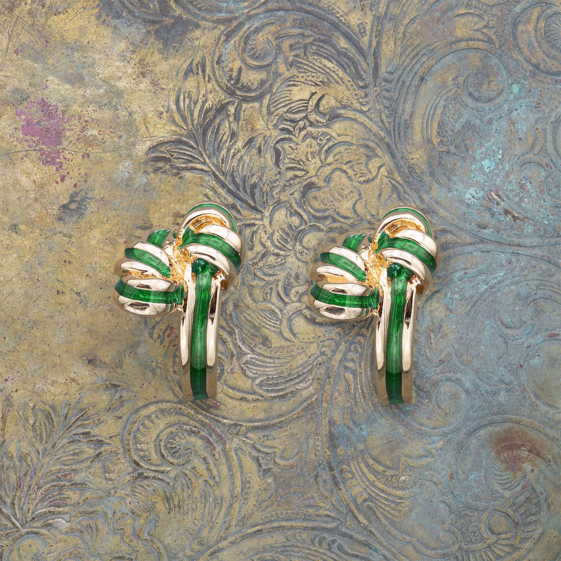 Vintage mid century gold tone and green enamel bow knot post earrings