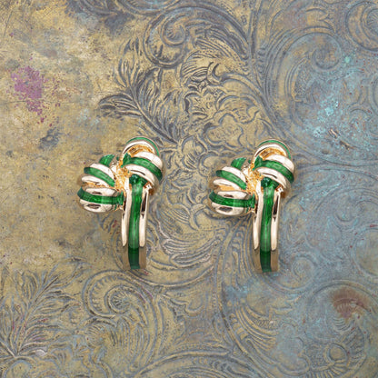 Vintage mid century gold tone and green enamel bow knot post earrings