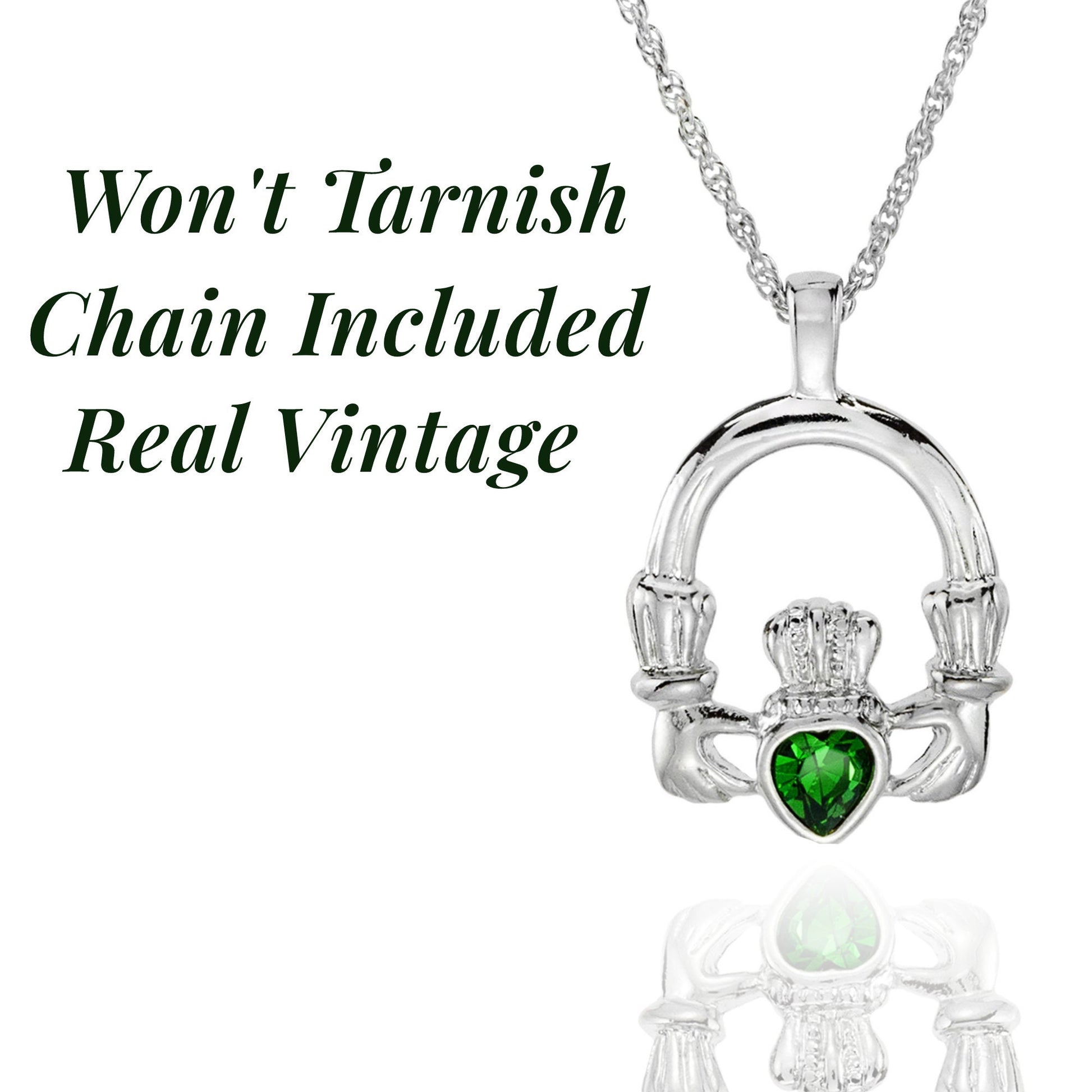 Vintage Claddagh Pendant Necklace with Green Tourmaline Austrian Heart Crystal - 18k White Gold Electroplated jewelry image 1