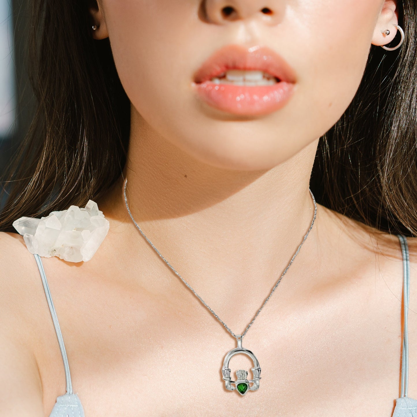 Vintage Claddagh Pendant Necklace with Green Tourmaline Austrian Heart Crystal - 18k White Gold Electroplated jewelry image 1
