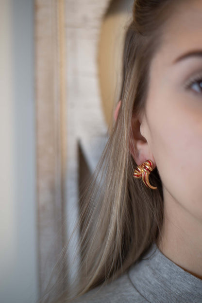 Vintage mid century gold tone and green enamel bow knot post earrings