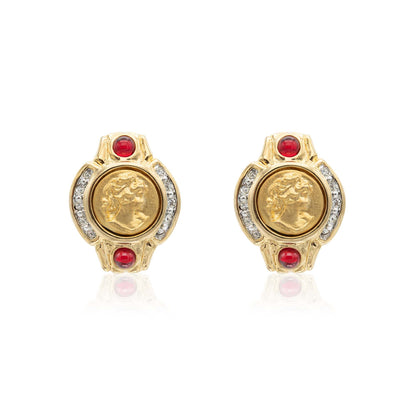 Vintage 18kt Gold Plated Coin Cameo Clip Earrings with Ruby and Clear Crystals jewelry image 1