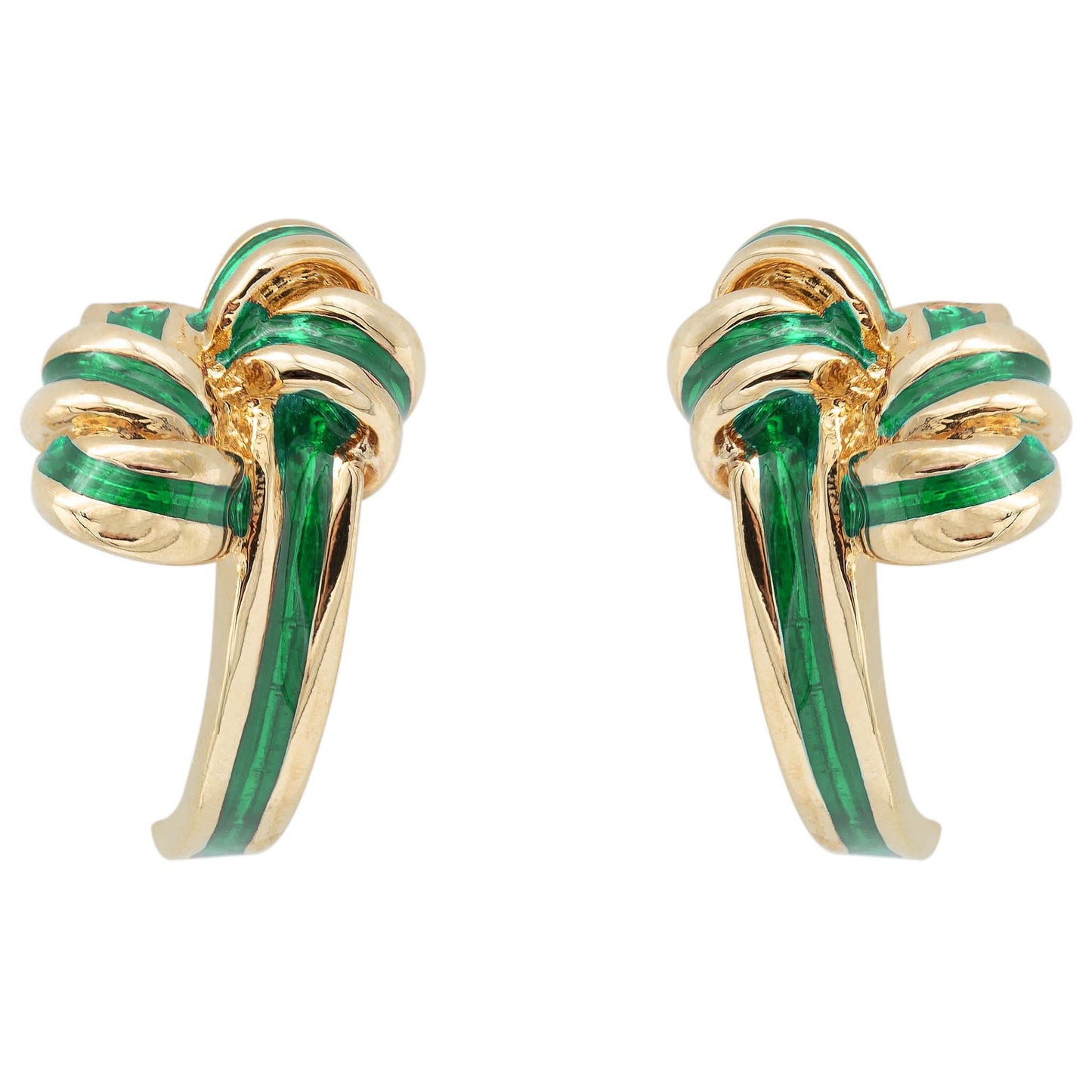 Vintage mid century gold tone and green enamel bow knot post earrings