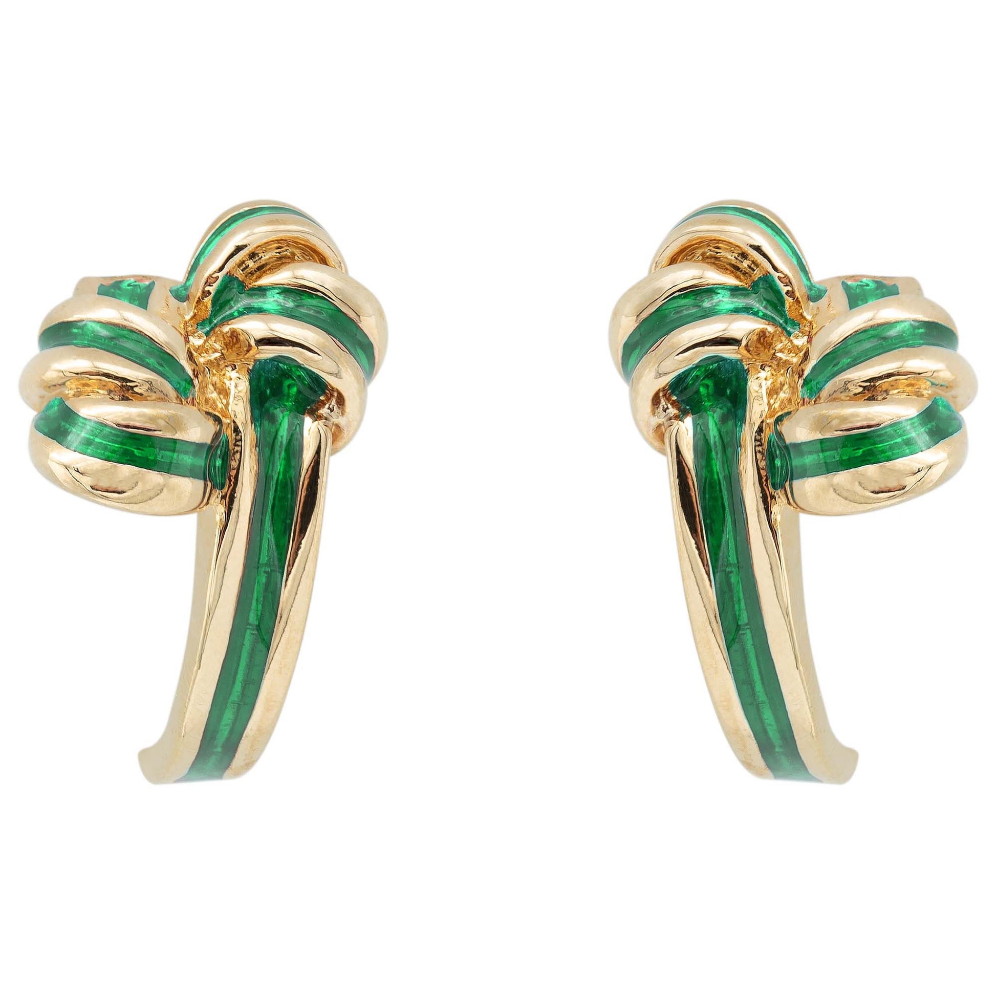 Vintage mid century gold tone and green enamel bow knot post earrings