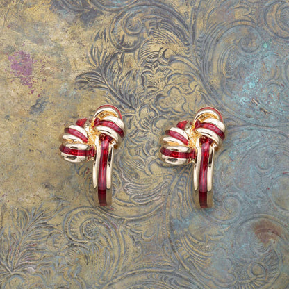 Vintage mid century gold tone and red enamel bow knot post earrings