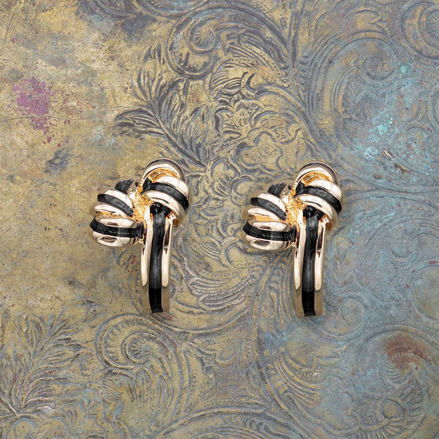 Vintage Mid Century Gold Tone and Black Enamel Bow Post Earrings jewelry image 1