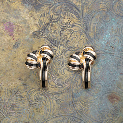 Vintage Mid Century Gold Tone and Black Enamel Bow Post Earrings jewelry image 1