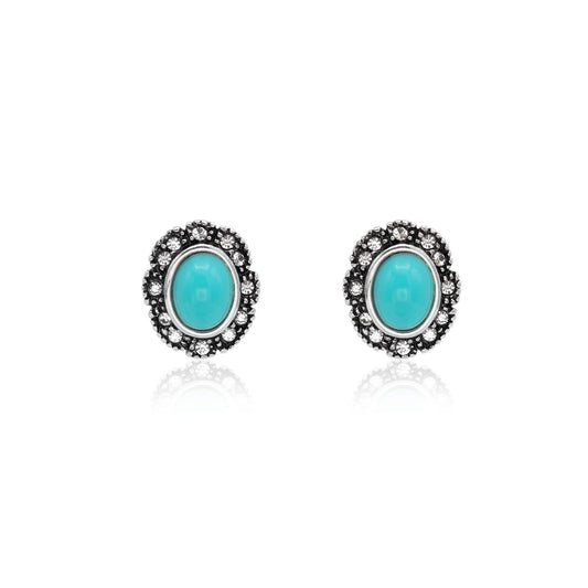 Vintage Turquoise & Clear Austrian Crystal Post Earrings – Antiqued White Gold Electroplated jewelry image 1