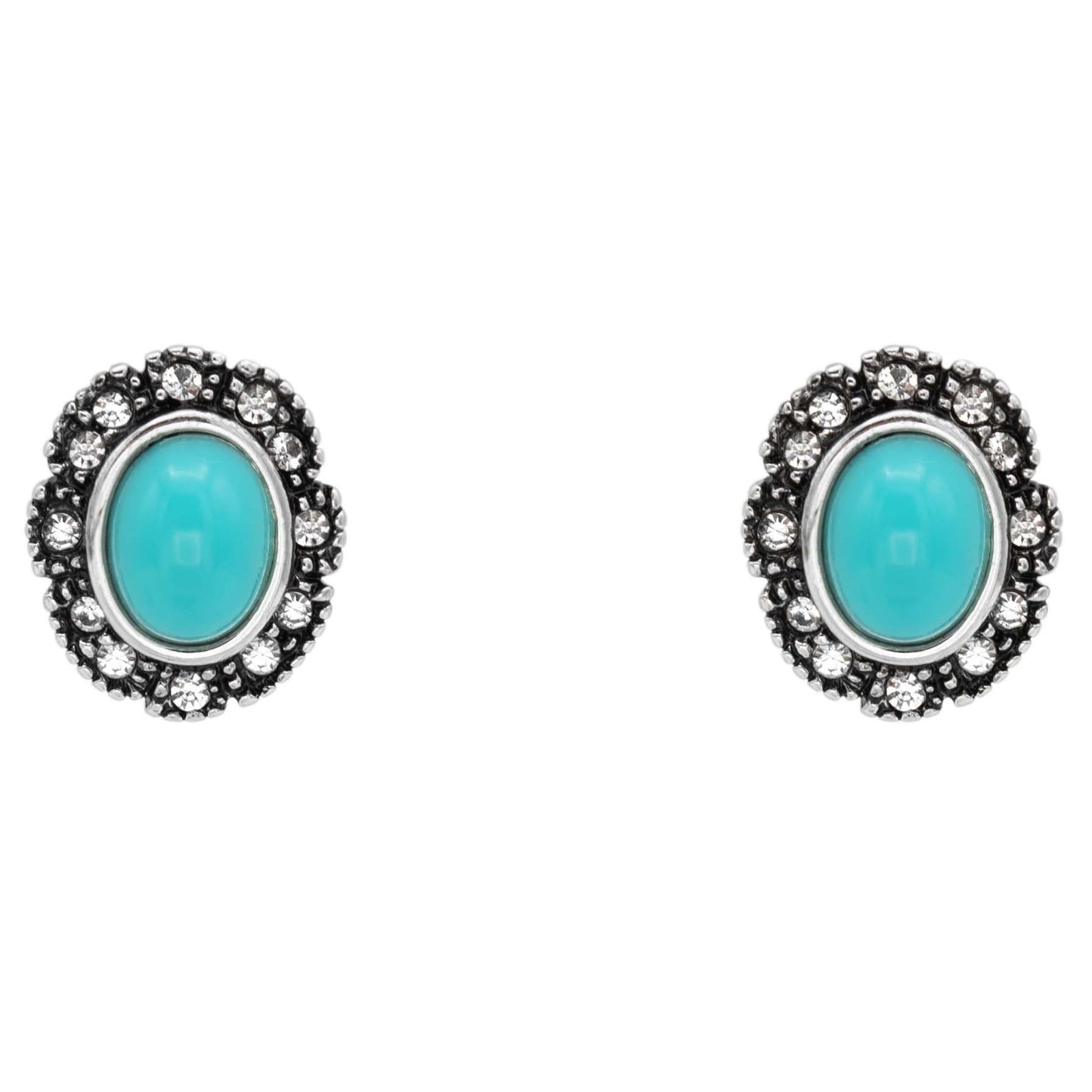 Vintage Turquoise & Clear Austrian Crystal Post Earrings – Antiqued White Gold Electroplated jewelry image 1