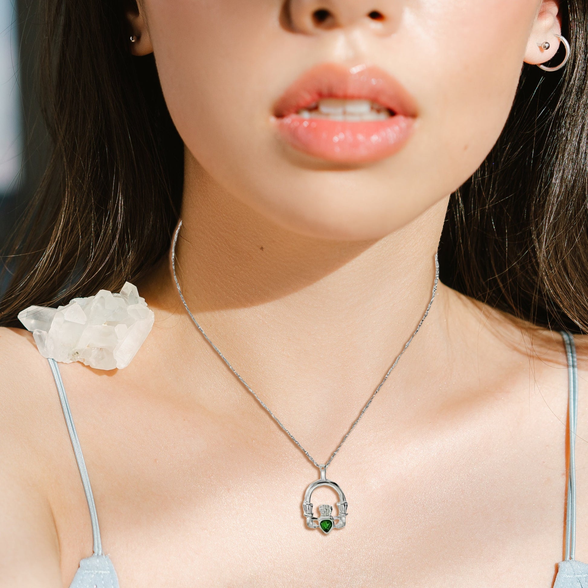 Vintage Claddagh Pendant Necklace with Green Tourmaline Austrian Heart Crystal - 18k Yellow Gold Electroplated jewelry image 1