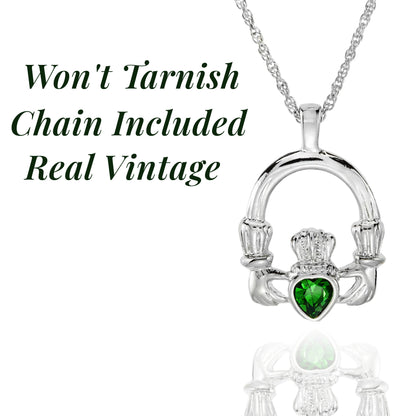 Vintage Claddagh Pendant Necklace with Green Tourmaline Austrian Heart Crystal - 18k Yellow Gold Electroplated jewelry image 1