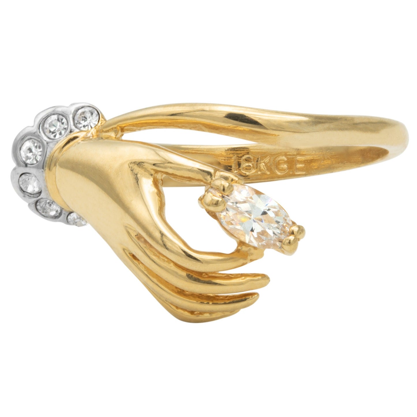 Vintage 1980s Victorian Hand Design Ring with Clear Crystal - 18k Gold Electroplated jewelry image 1