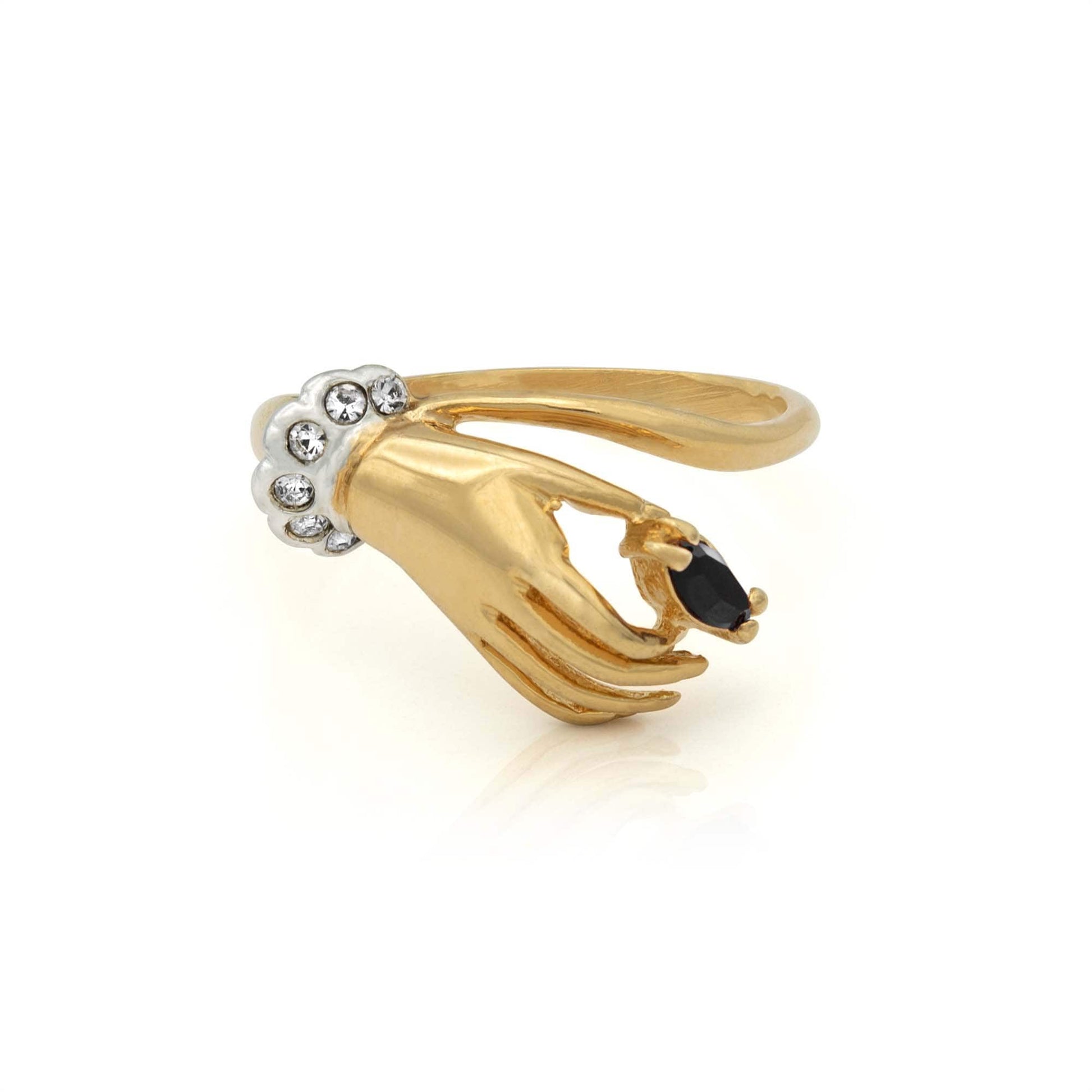 Lydia Vintage Hand Ring with Black and Clear Austrian Crystals - 18k Gold Electroplated jewelry image 1